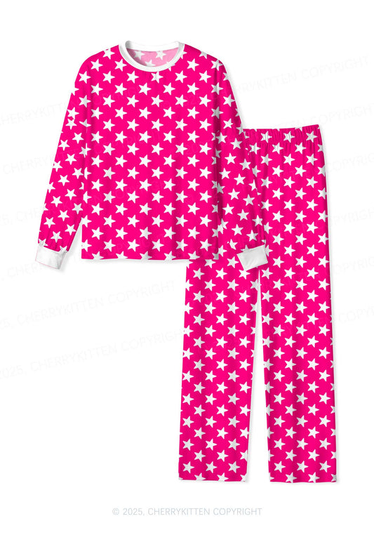White Stars On Pink Valentine's Day Y2K Print Long Sleeve Pajama Set Cherrykitten