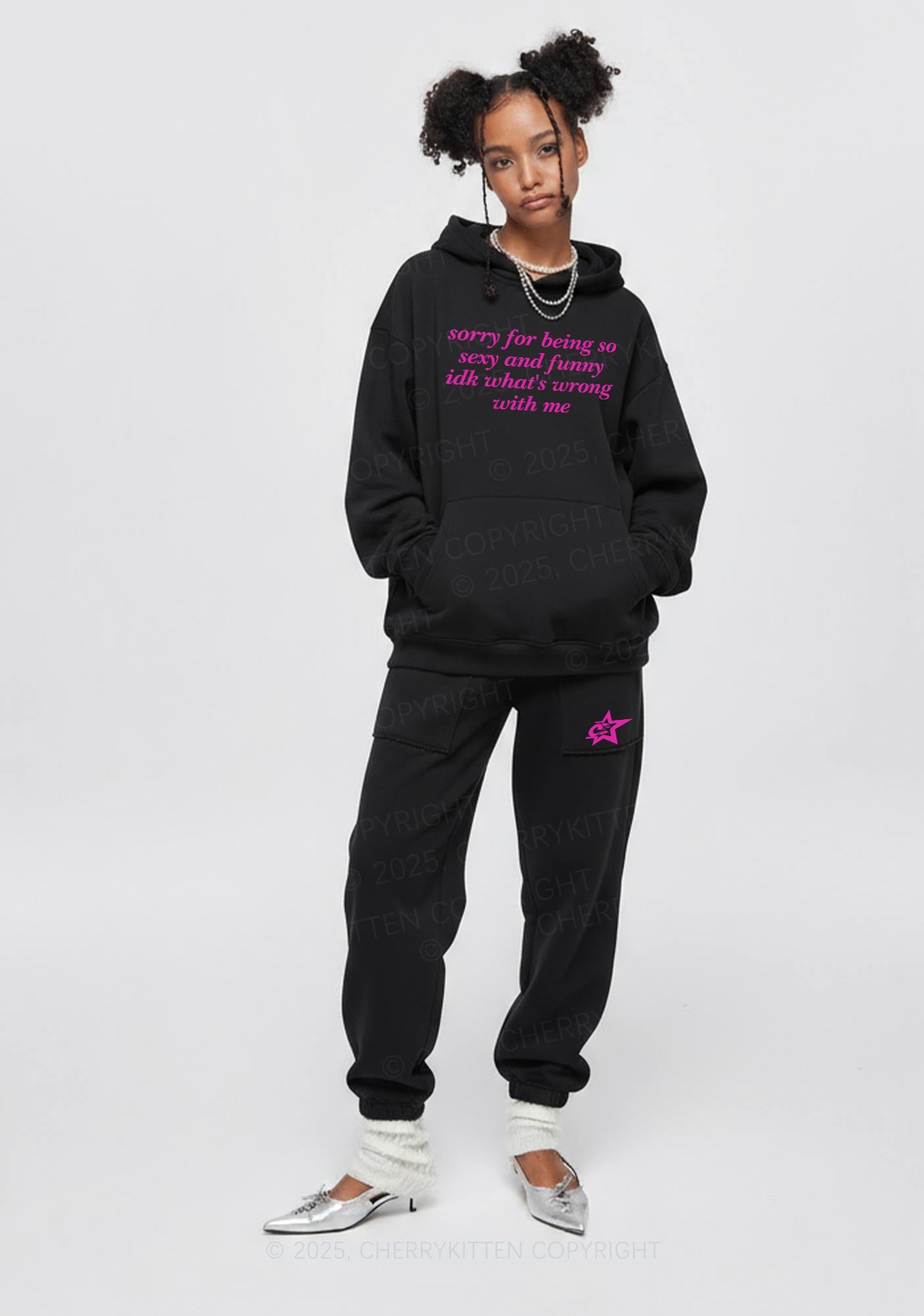 Sorry For Being So Funny Y2K Fleece Hoodie Set Cherrykitten