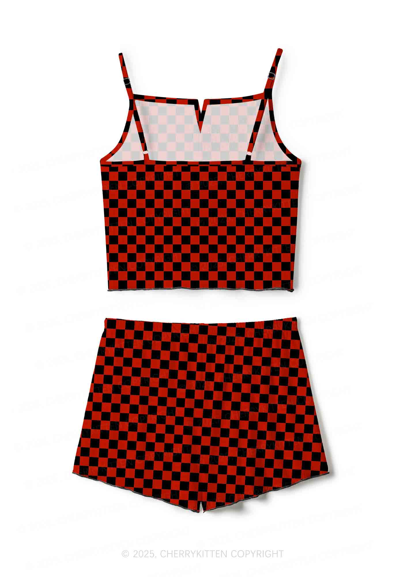 Black And Red Check Valentine's Day Y2K Print Cami Shorts Pajama Set Cherrykitten