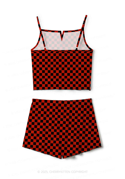 Black And Red Check Valentine's Day Y2K Print Cami Shorts Pajama Set Cherrykitten