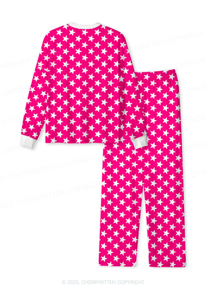 White Stars On Pink Valentine's Day Y2K Print Long Sleeve Pajama Set Cherrykitten