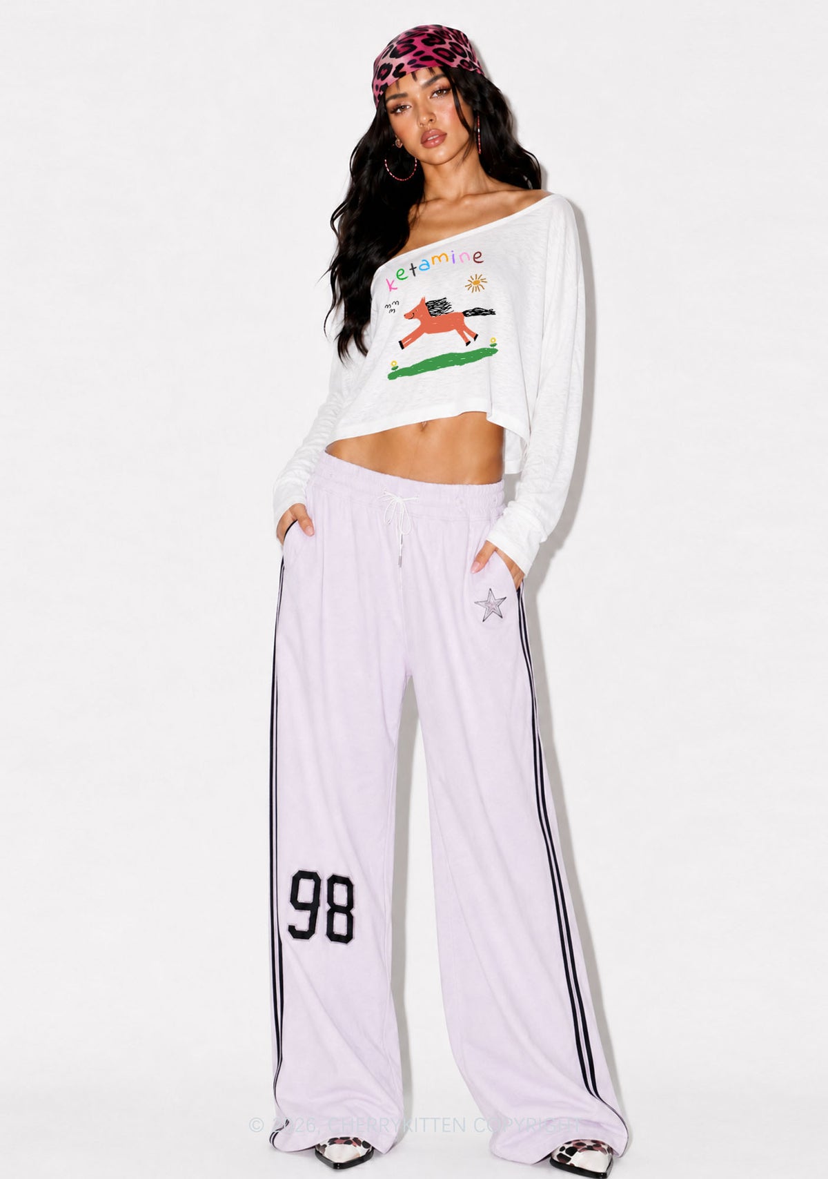 Orange Pony Y2K Off Shoulder Long Sleeve Crop Top Cherrykitten