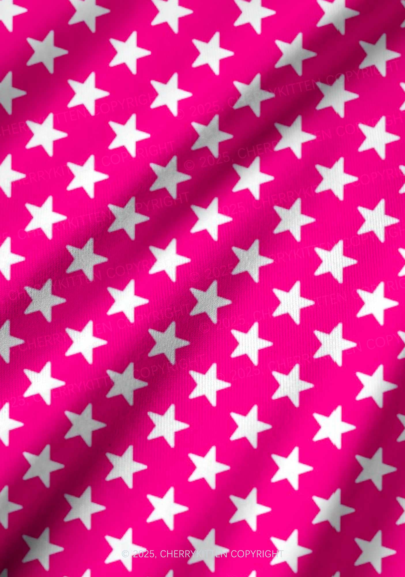 White Stars On Pink Valentine's Day Y2K Print Long Sleeve Pajama Set Cherrykitten