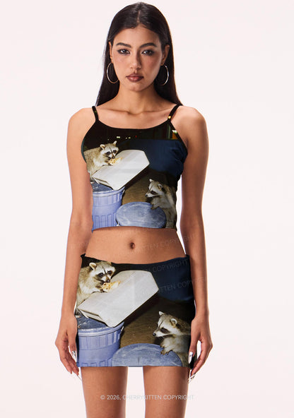 Raccoons Pizza Feast Y2K Print Cami Crop Top Cherrykitten