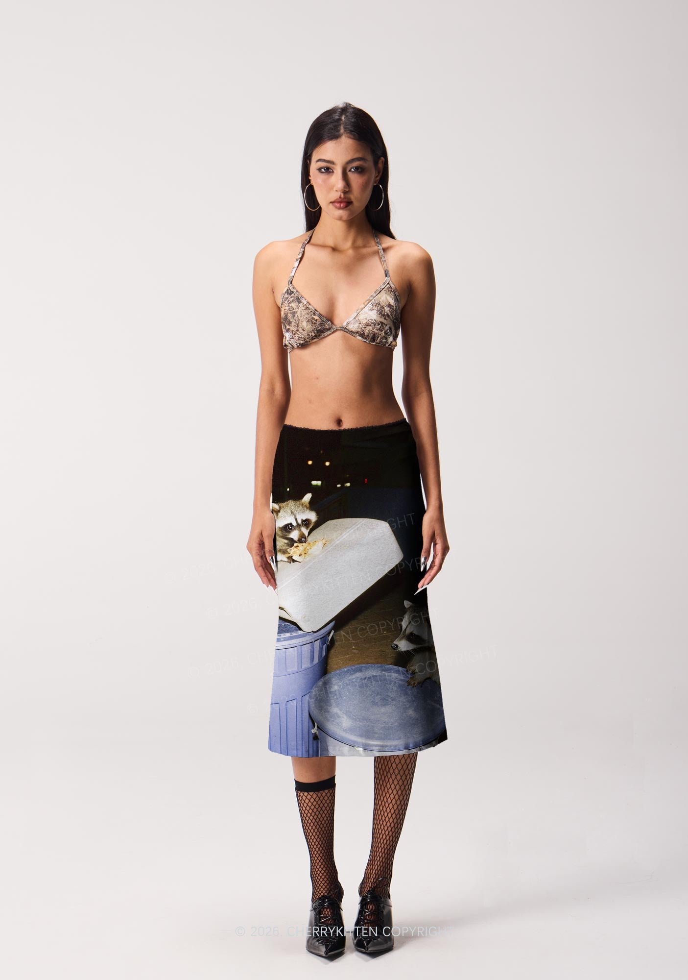 Raccoons Pizza Feast Y2K Print Midi Skirt Cherrykitten