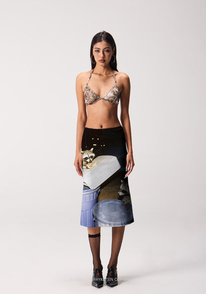 Raccoons Pizza Feast Y2K Print Midi Skirt Cherrykitten