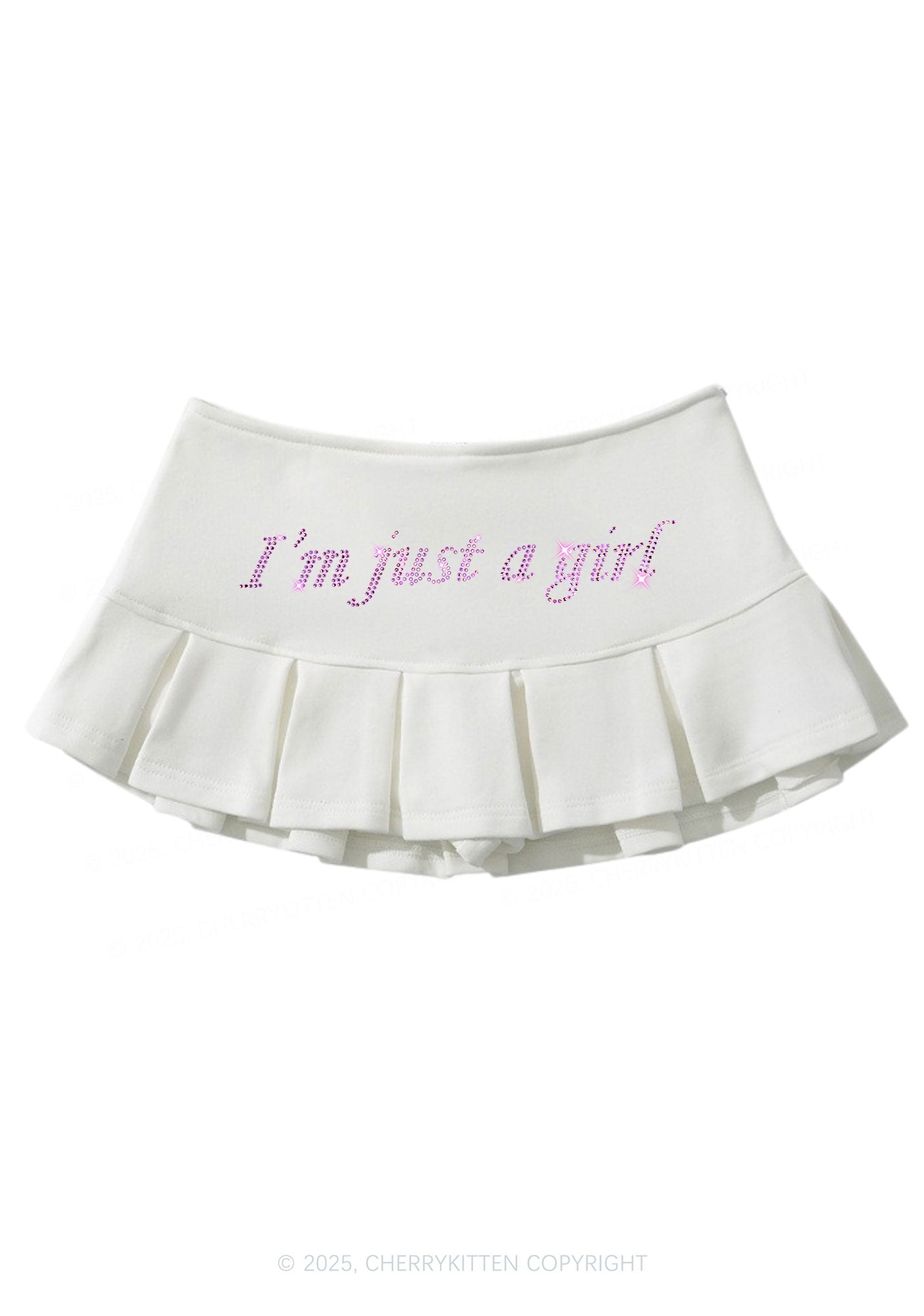Rhinestone Just A Girl Y2K Mini Pleated Skirts Cherrykitten
