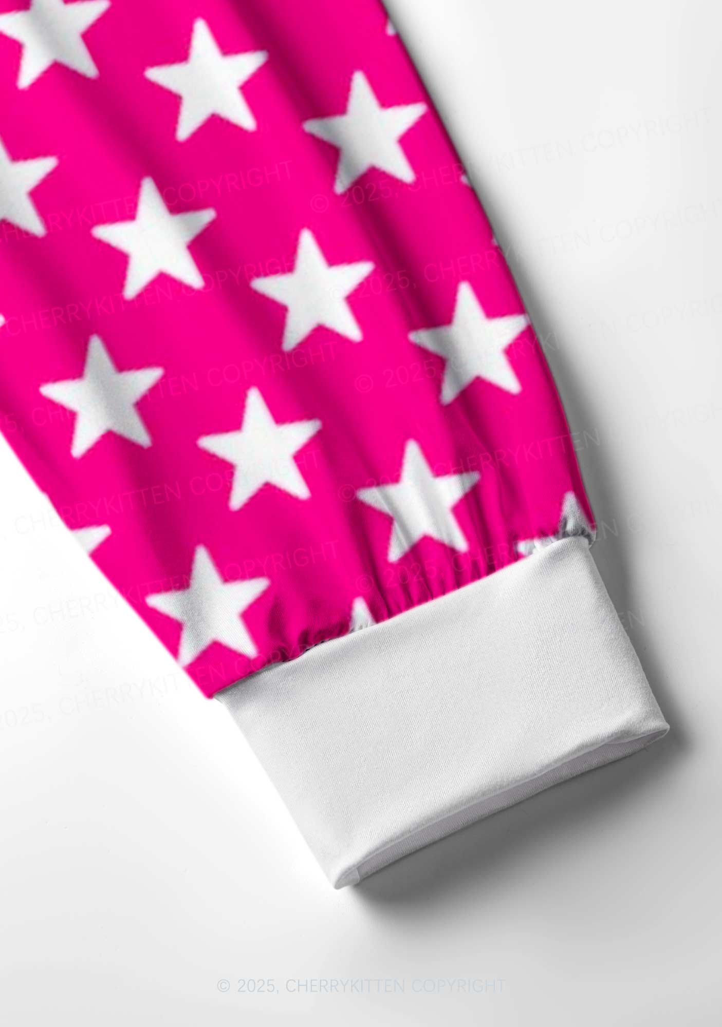 White Stars On Pink Valentine's Day Y2K Print Long Sleeve Pajama Set Cherrykitten