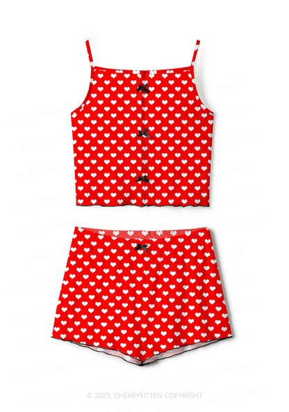 White Heart On Red Valentine's Day Y2K Print Cami Shorts Pajama Set Cherrykitten