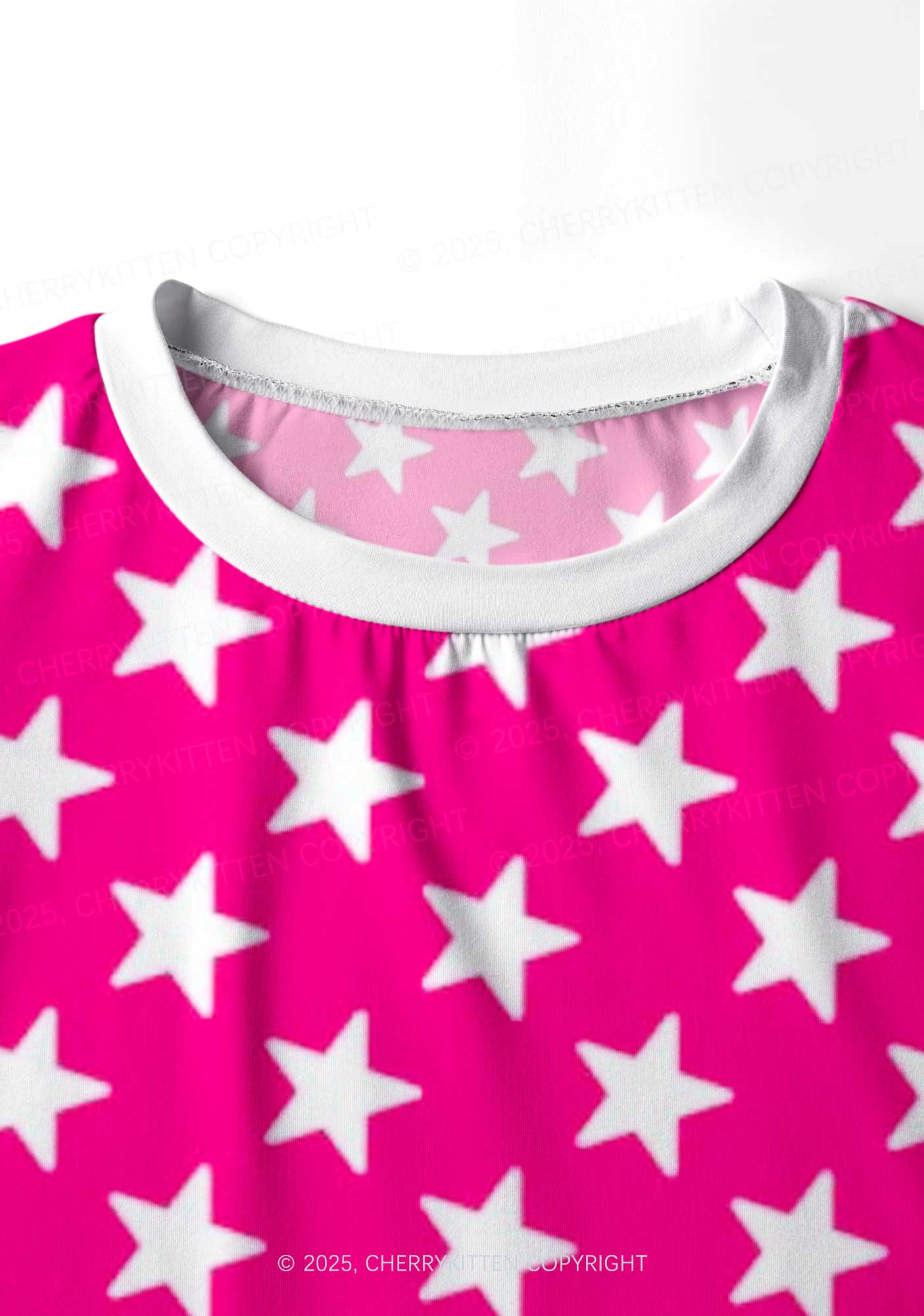 White Stars On Pink Valentine's Day Y2K Print Long Sleeve Pajama Set Cherrykitten
