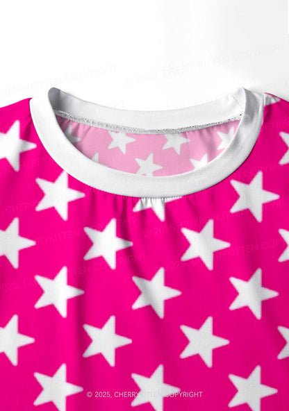 White Stars On Pink Valentine's Day Y2K Print Long Sleeve Pajama Set Cherrykitten