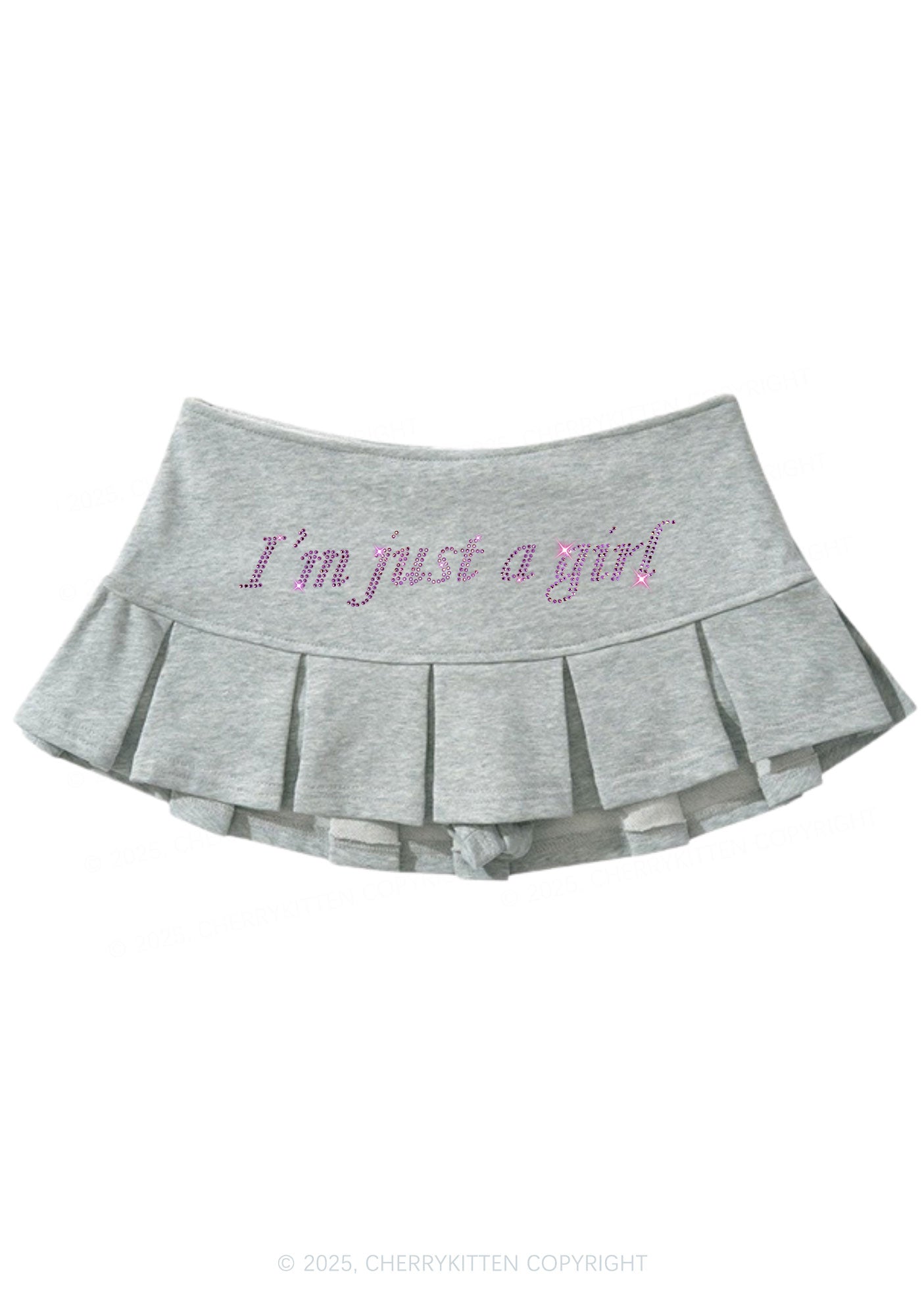 Rhinestone Just A Girl Y2K Mini Pleated Skirts Cherrykitten