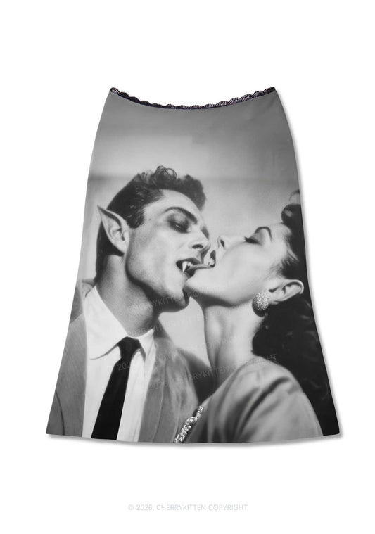 Halloween Vampire Couple Y2K Print Midi Skirt Cherrykitten