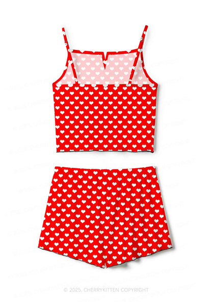 White Heart On Red Valentine's Day Y2K Print Cami Shorts Pajama Set Cherrykitten