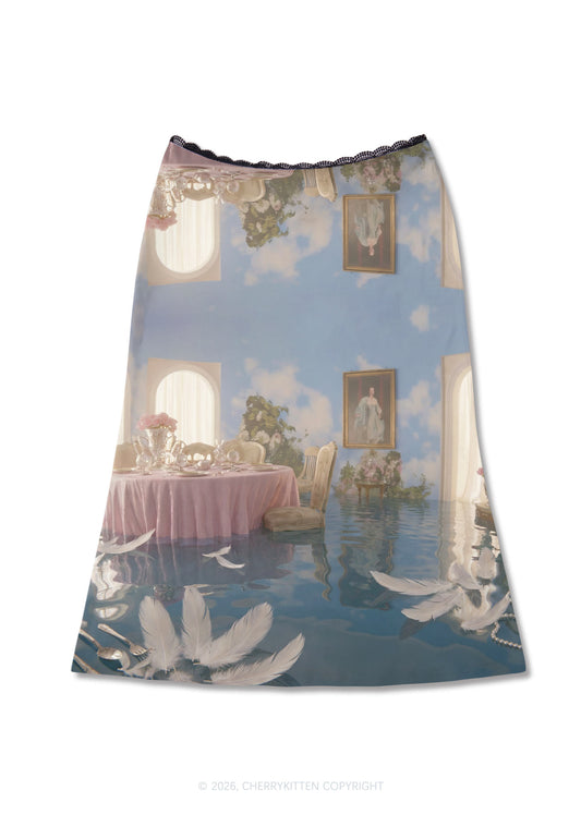 Floating Sky Dining Room Y2K Print Midi Skirt Cherrykitten