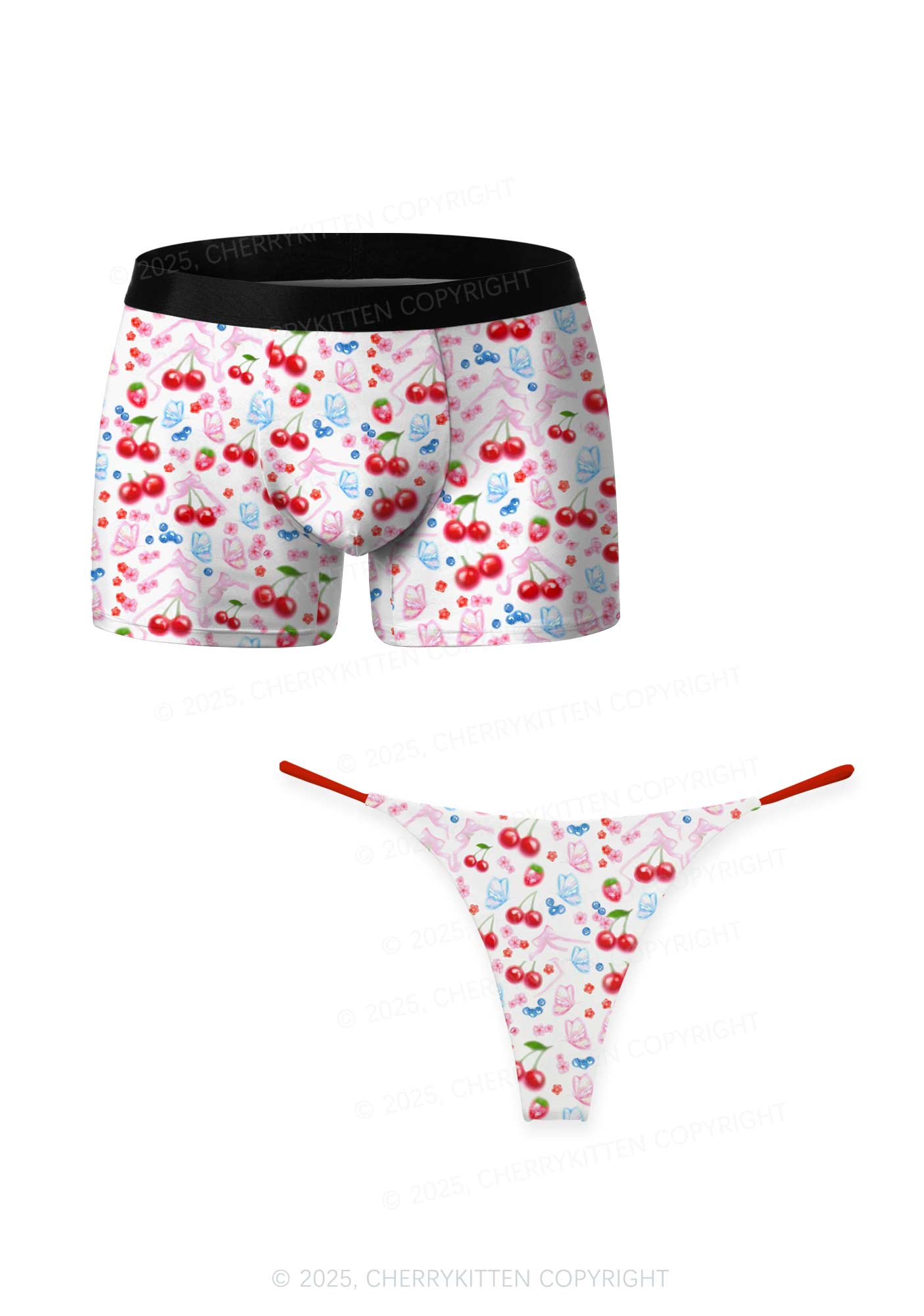 White Cherry Pie Valentine's Day Y2K Print Couples Boxer Thong Set Cherrykitten