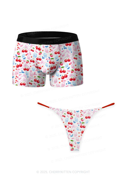 White Cherry Pie Valentine's Day Y2K Print Couples Boxer Thong Set Cherrykitten