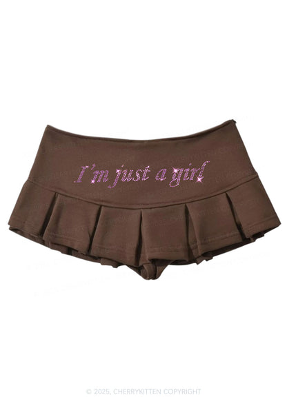 Rhinestone Just A Girl Y2K Mini Pleated Skirts Cherrykitten