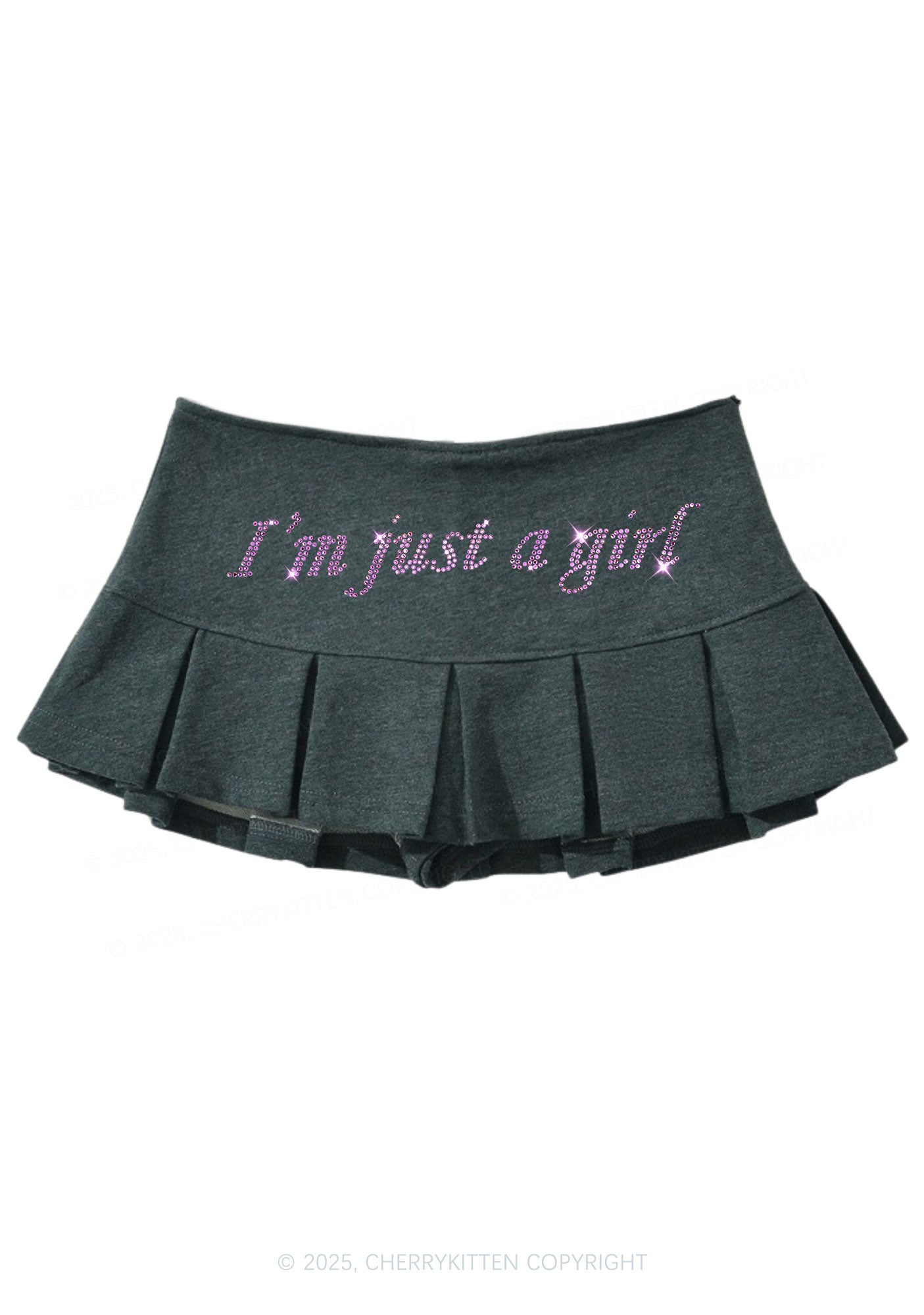 Rhinestone Just A Girl Y2K Mini Pleated Skirts Cherrykitten