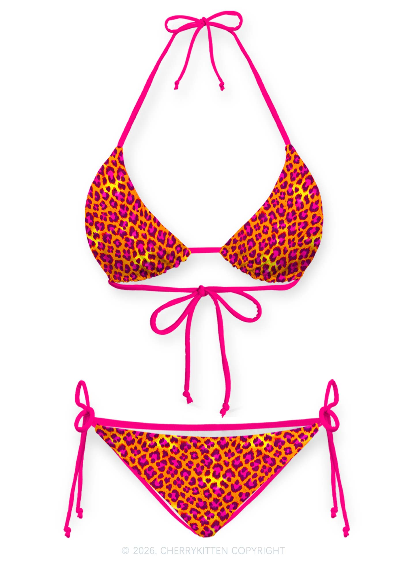Orange Hot Pink Leopard Y2K Print Bikini Set Cherrykitten