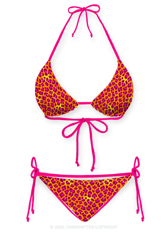 Orange Hot Pink Leopard Y2K Print Bikini Set Cherrykitten