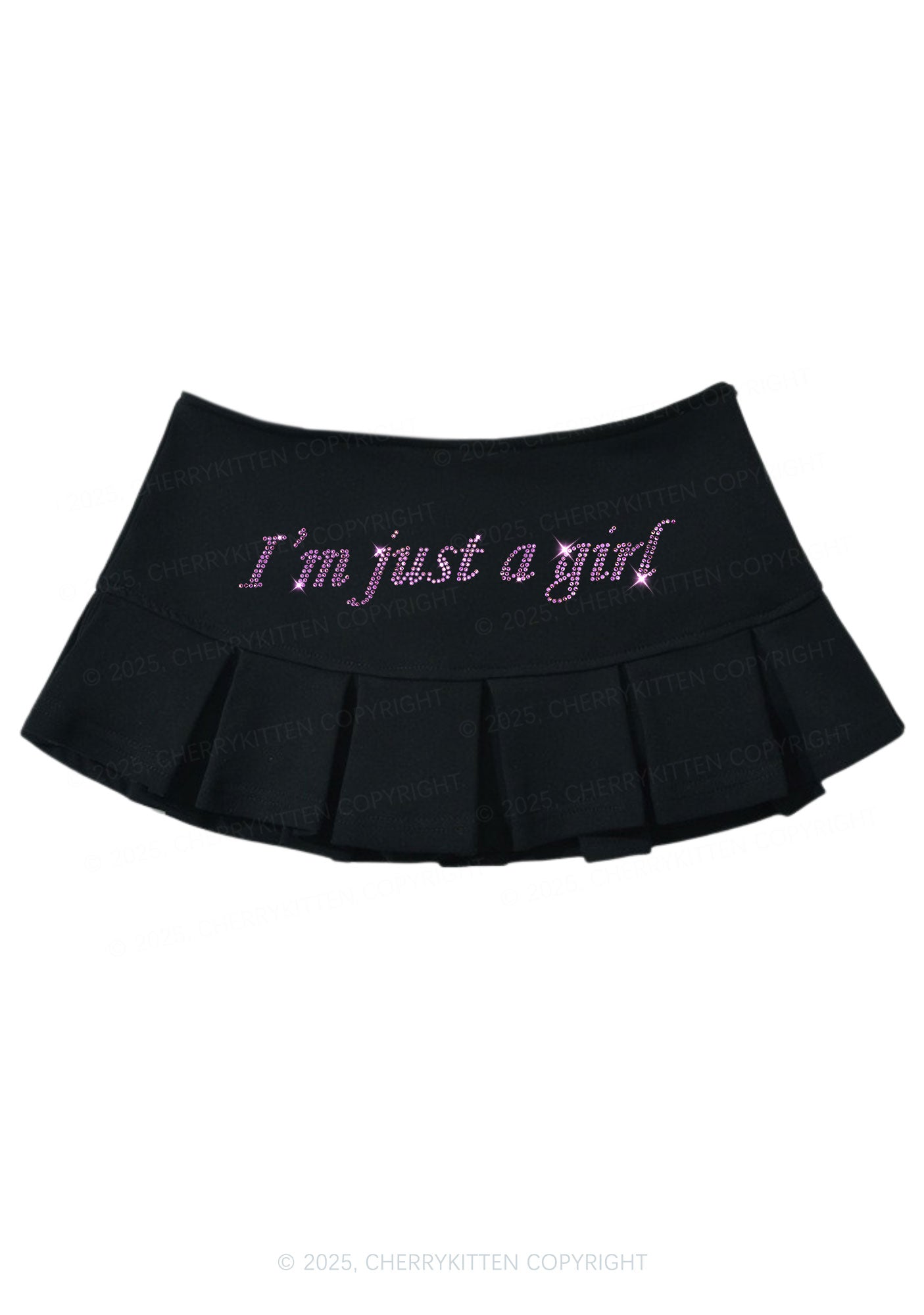 Rhinestone Just A Girl Y2K Mini Pleated Skirts Cherrykitten