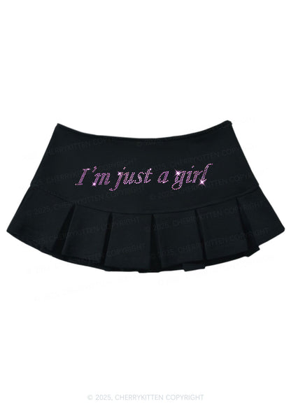 Rhinestone Just A Girl Y2K Mini Pleated Skirts Cherrykitten