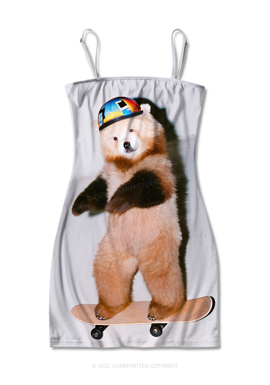 Skate Bear Y2K Print Slip Dress Cherrykitten