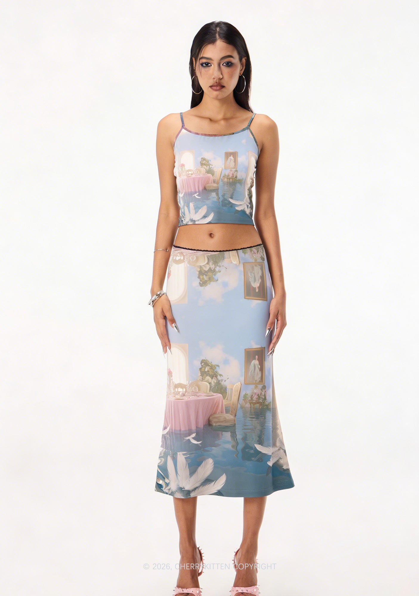 Floating Sky Dining Room Y2K Print Midi Skirt Cherrykitten