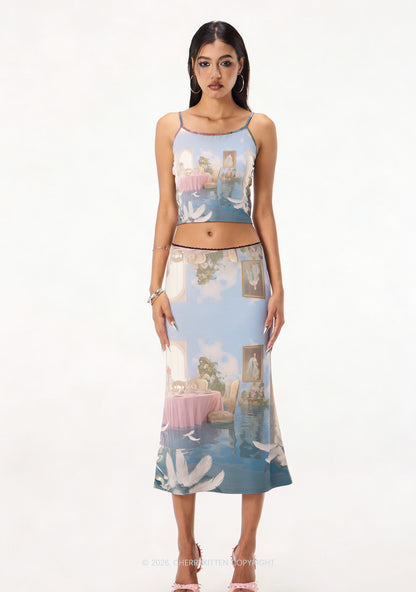 Floating Sky Dining Room Y2K Print Midi Skirt Cherrykitten