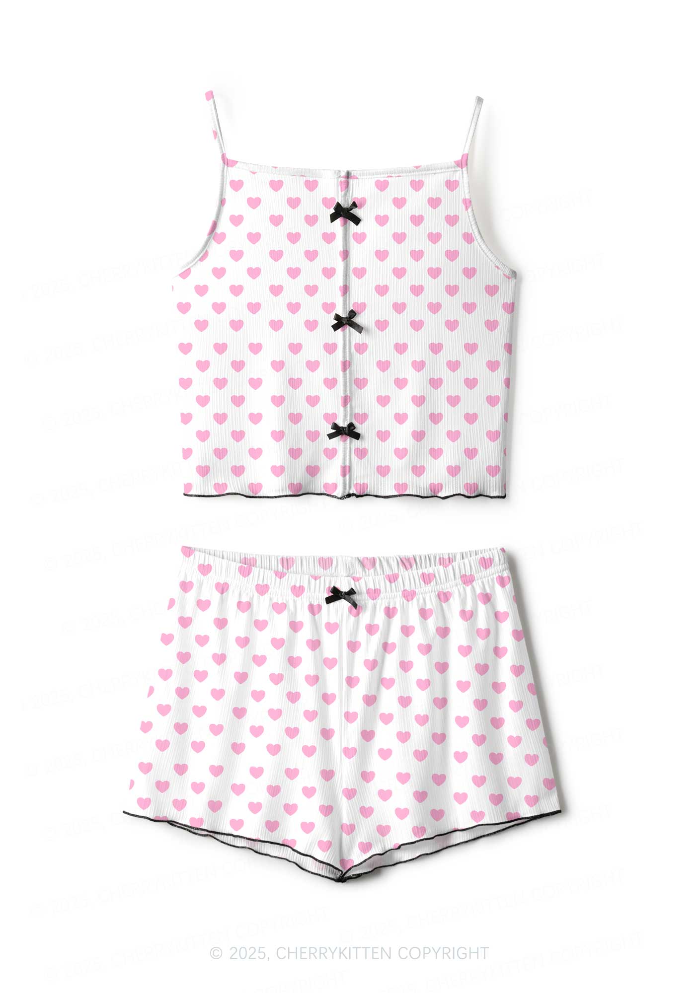 Pink Heart On White Valentine's Day Y2K Print Cami Shorts Pajama Set Cherrykitten