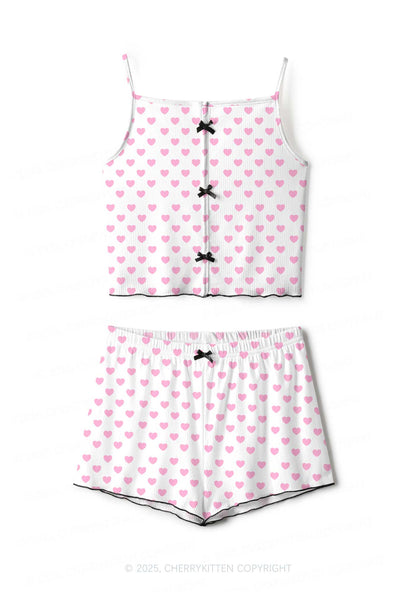 Pink Heart On White Valentine's Day Y2K Print Cami Shorts Pajama Set Cherrykitten