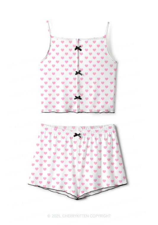 Pink Heart On White Valentine's Day Y2K Print Cami Shorts Pajama Set Cherrykitten