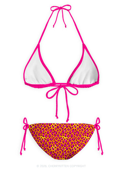 Orange Hot Pink Leopard Y2K Print Bikini Set Cherrykitten