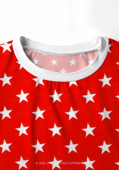 White Stars On Red Valentine's Day Y2K Print Long Sleeve Pajama Set Cherrykitten