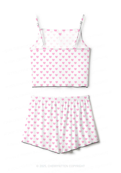 Pink Heart On White Valentine's Day Y2K Print Cami Shorts Pajama Set Cherrykitten