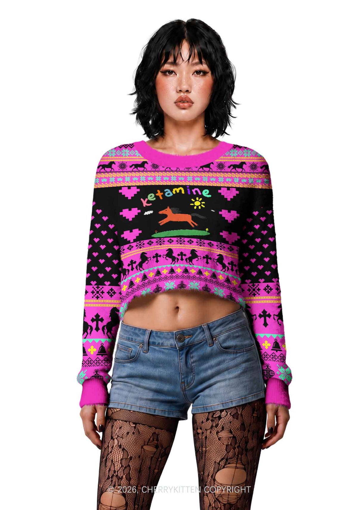 Orange Pony Y2K Christmas Crop Knit Sweatshirt Cherrykitten