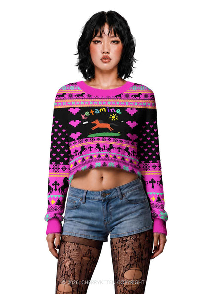 Orange Pony Y2K Christmas Crop Knit Sweatshirt Cherrykitten