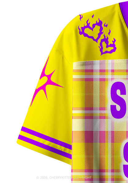 Smoke Blunt Yellow Plaid Y2K Crop Sport Jersey Shirts Cherrykitten