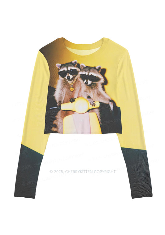 Raccoon Riders Y2K Mesh Long Sleeve Crop Top Cherrykitten