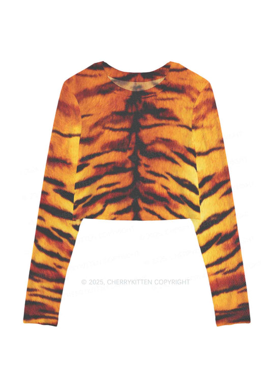 Wild Tiger Texture Y2K Mesh Long Sleeve Crop Top Cherrykitten