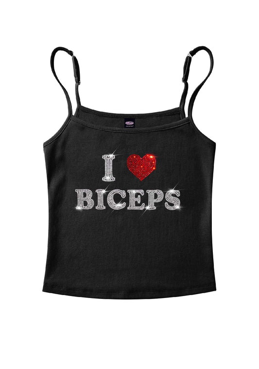 Rhinestone I Love Biceps Y2K Spaghetti Strap Cami Cherrykitten