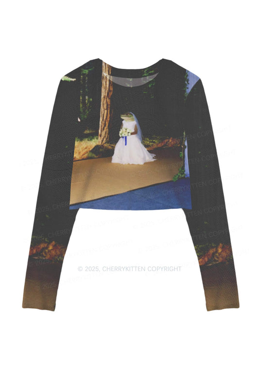 Crocodile Bride Y2K Mesh Long Sleeve Crop Top Cherrykitten