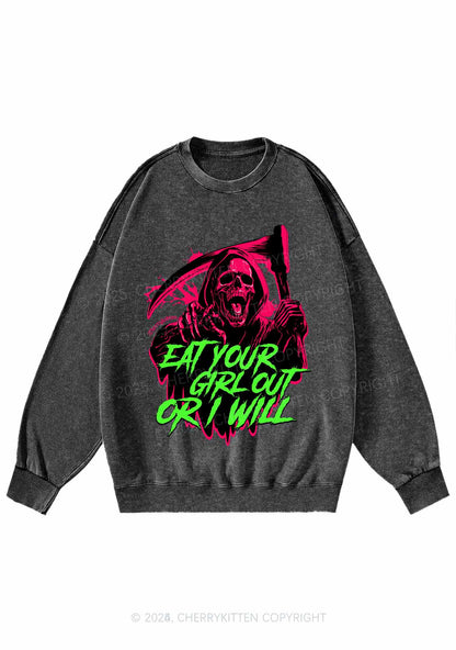 Hallowen Ghost Eat Your Girl Out Y2K Washed Sweatshirts Cherrykitten