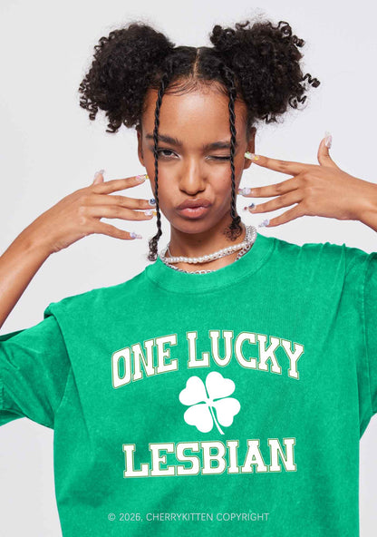 One Lucky Lesbian St Patricks Y2K Washed Tee Cherrykitten