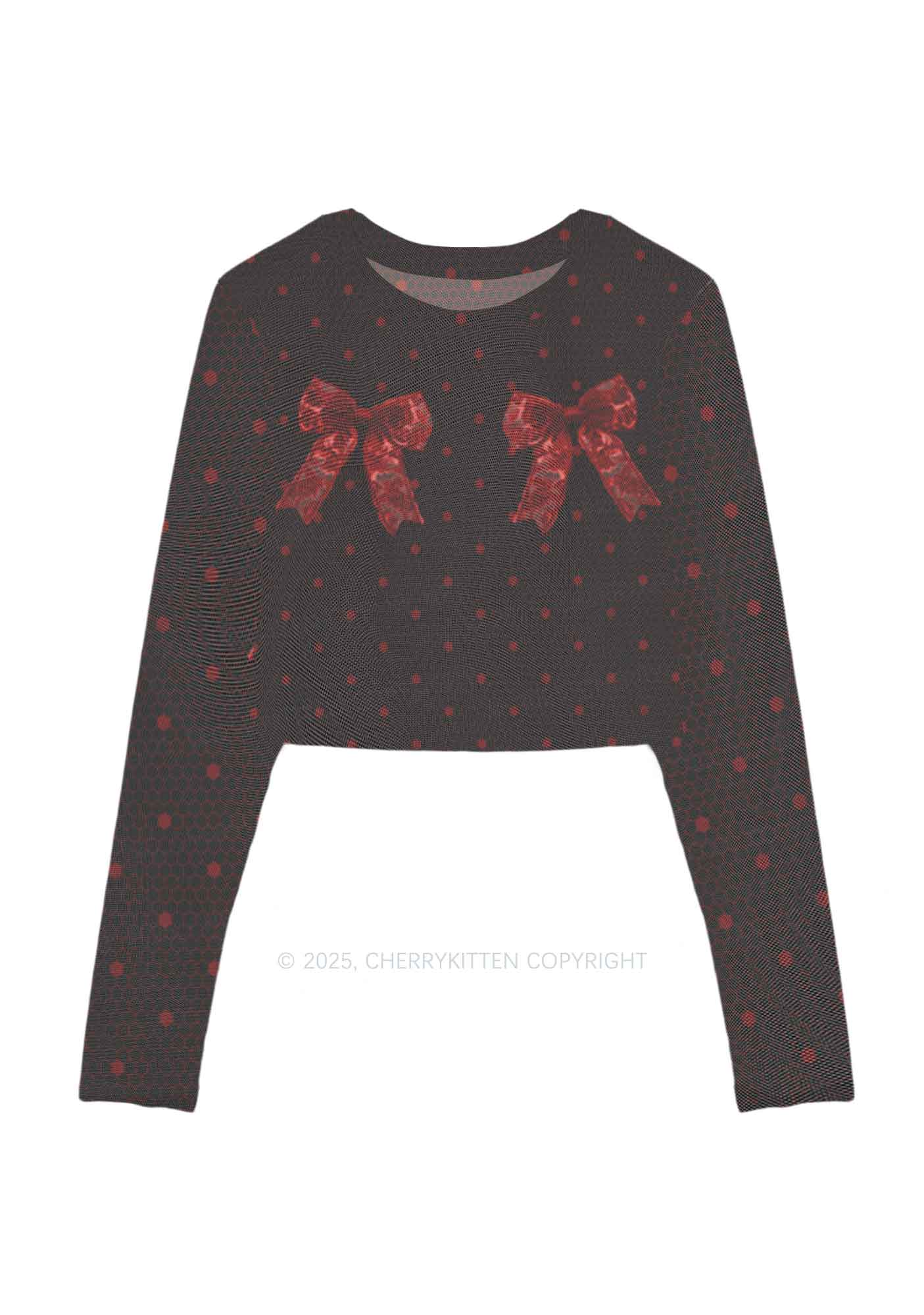 Bow Ties Y2K Mesh Long Sleeve Crop Top Cherrykitten