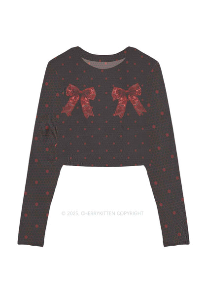 Bow Ties Y2K Mesh Long Sleeve Crop Top Cherrykitten