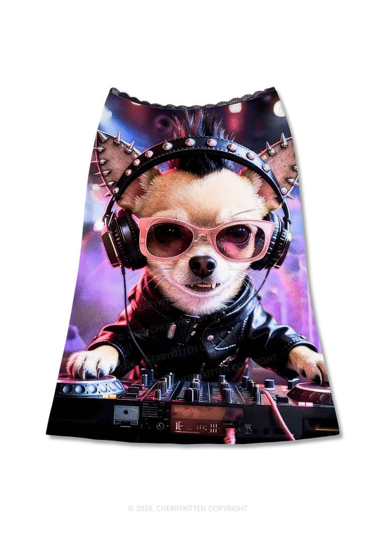 Punk DJ Chihuahua Y2K Print Midi Skirt Cherrykitten