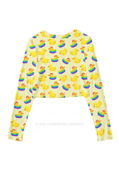 Rainbow Ducks Pride Y2K Mesh Long Sleeve Crop Top Cherrykitten