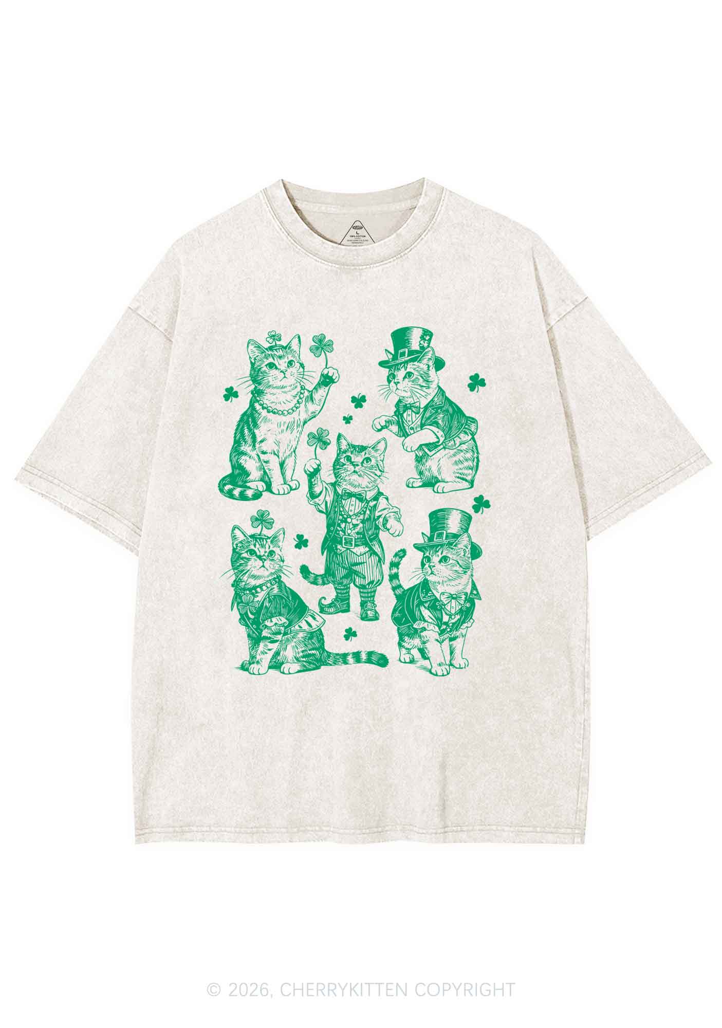 Green Lucky Cats St Patricks Y2K Shirts Washed Tee Cherrykitten